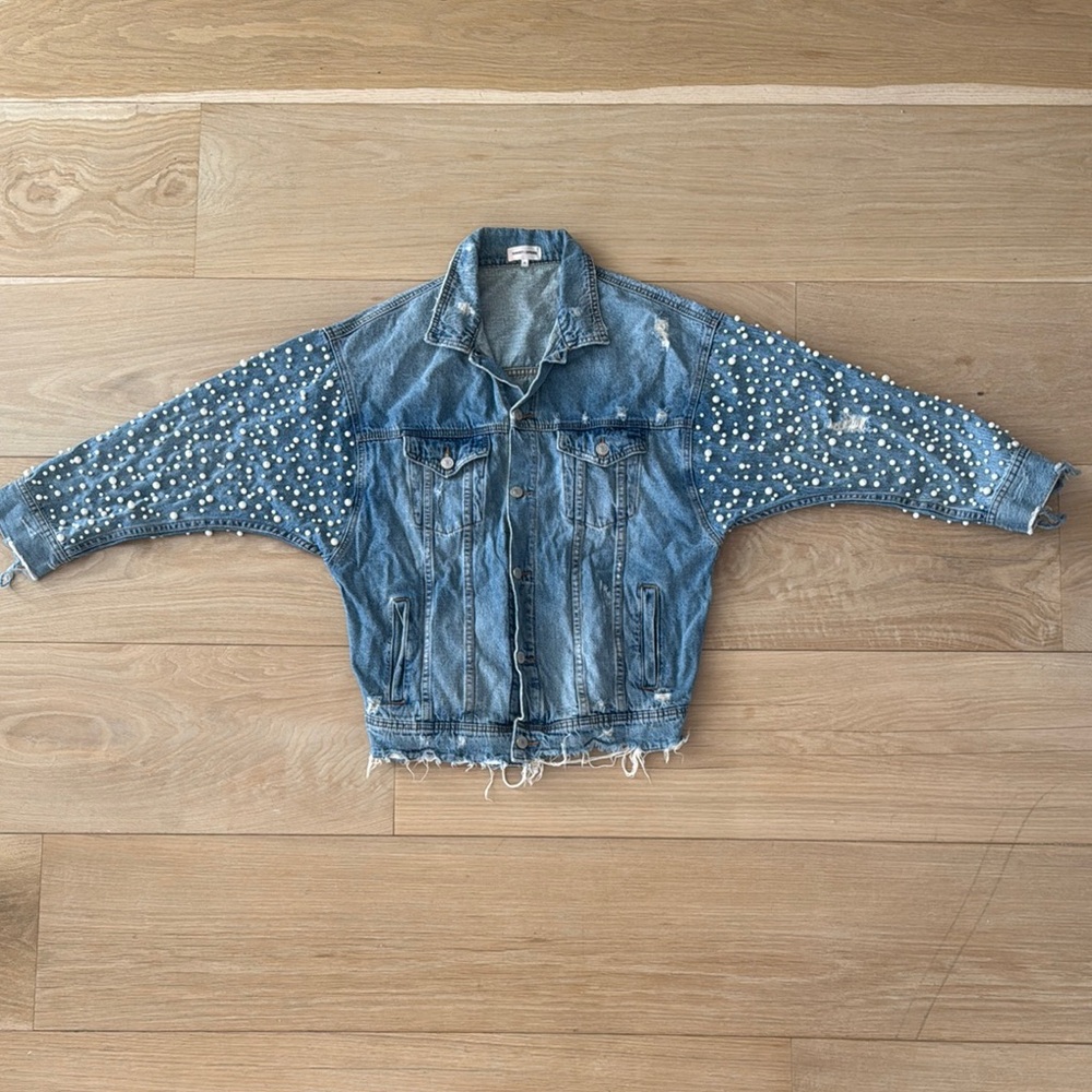 Sunset & Spring - Women's Pearl Embellished Denim Jacket - Size M - Light Blue